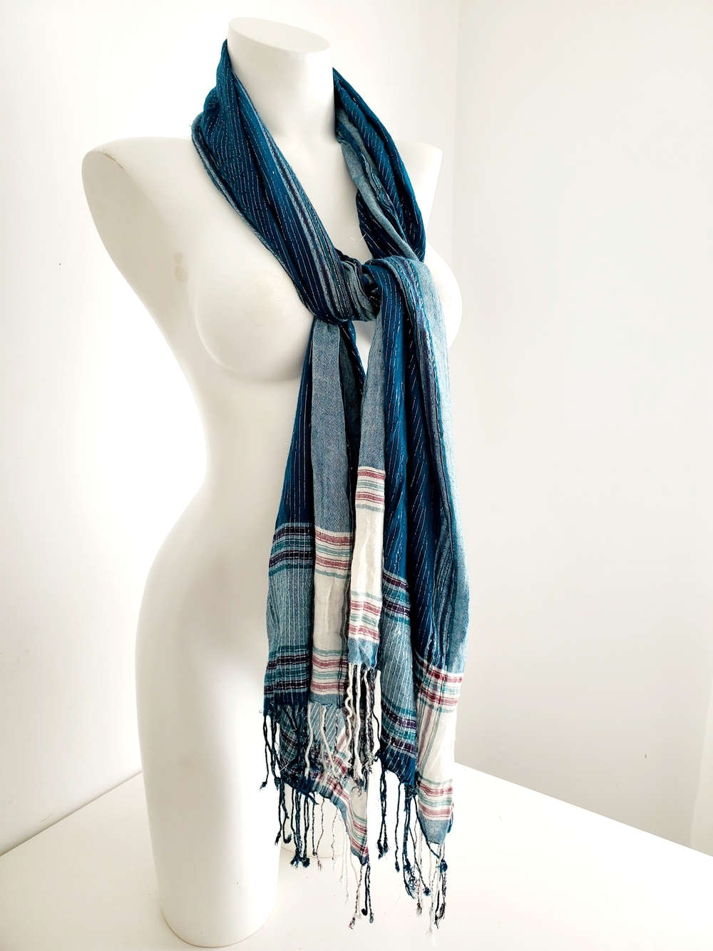 Handwoven Indigo Blue Cotton Scarf Shimmer Silver Metallic Pinstripe Fringe Y2K
